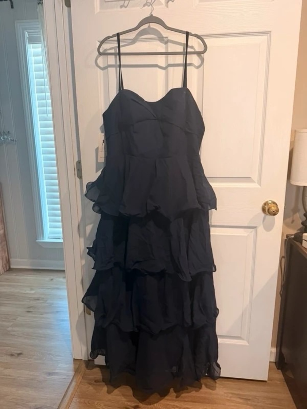 Elegant Navy Spaghetti-Strap Tiered Maxi Dress